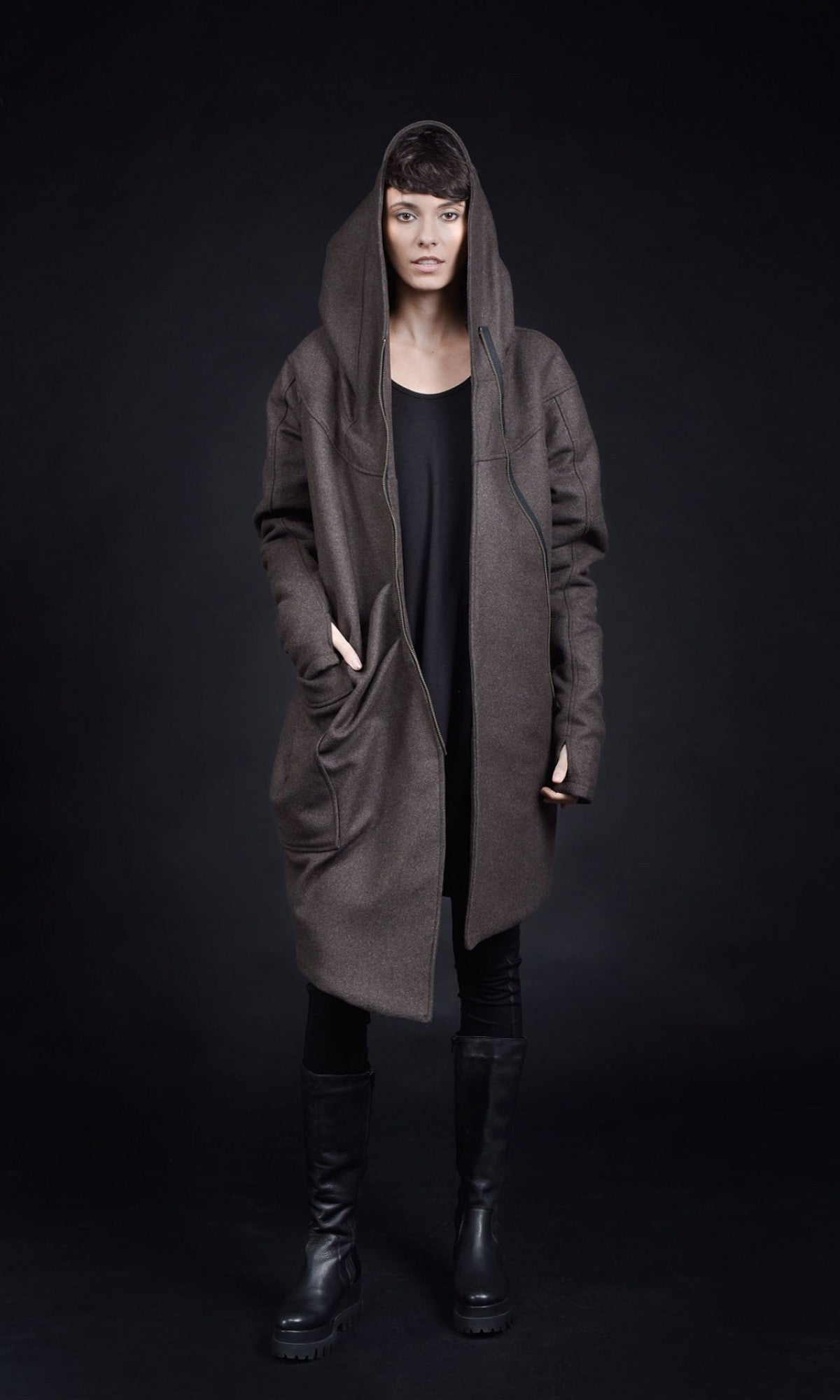 Asymmetric Extravagant Cashmere Hooded Coat  A07198