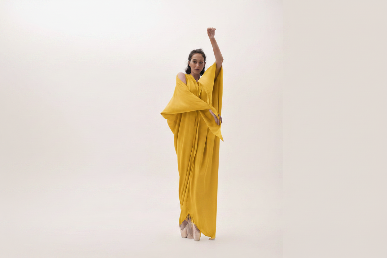 Mustard yellow draped dress matching reference