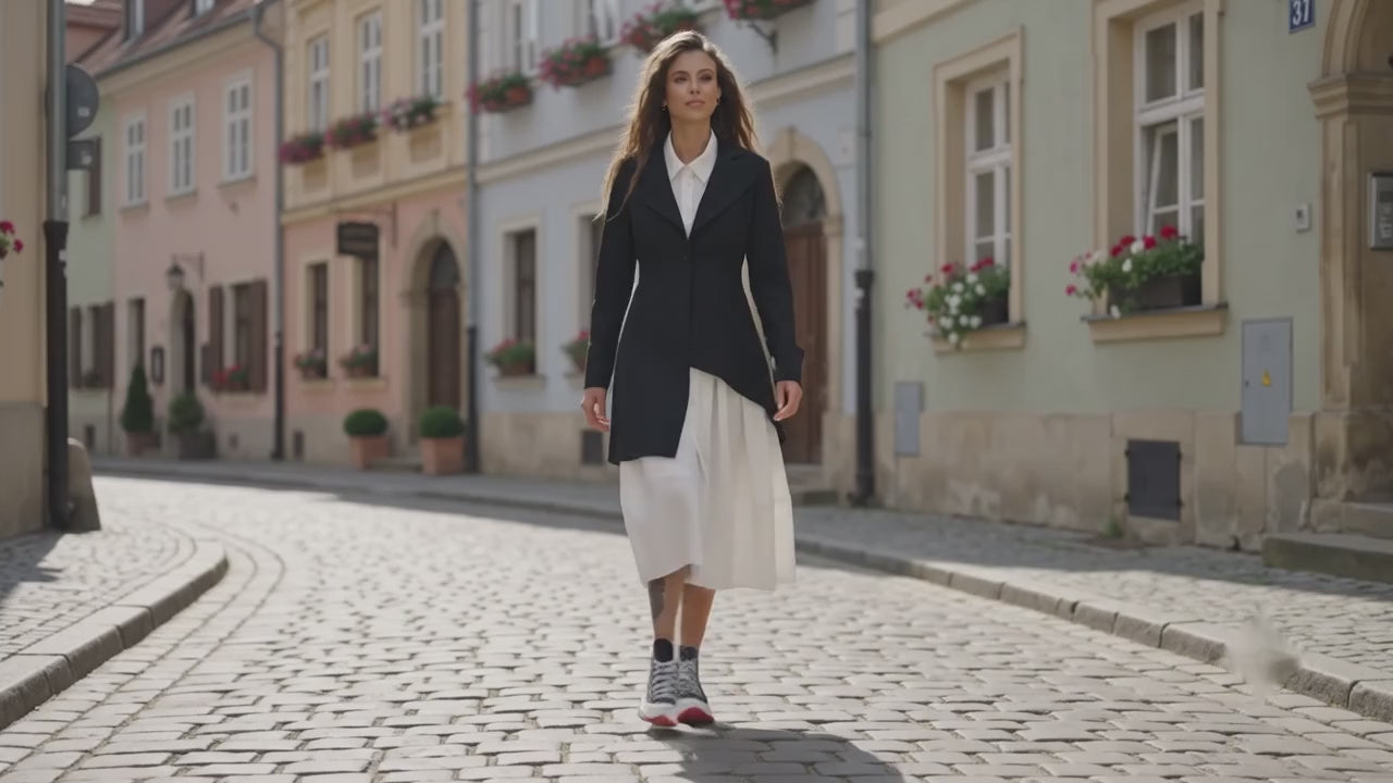 Woman in a black coat and white skirt walking on a cobblestone European street
